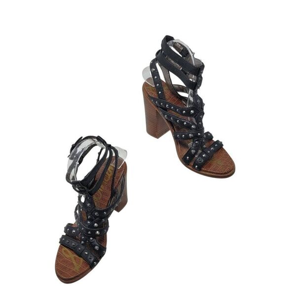 Sam Edelman Keith Gladiator Leather Studded Heeled Sandals 8 Black Strappy - Picture 7 of 11
